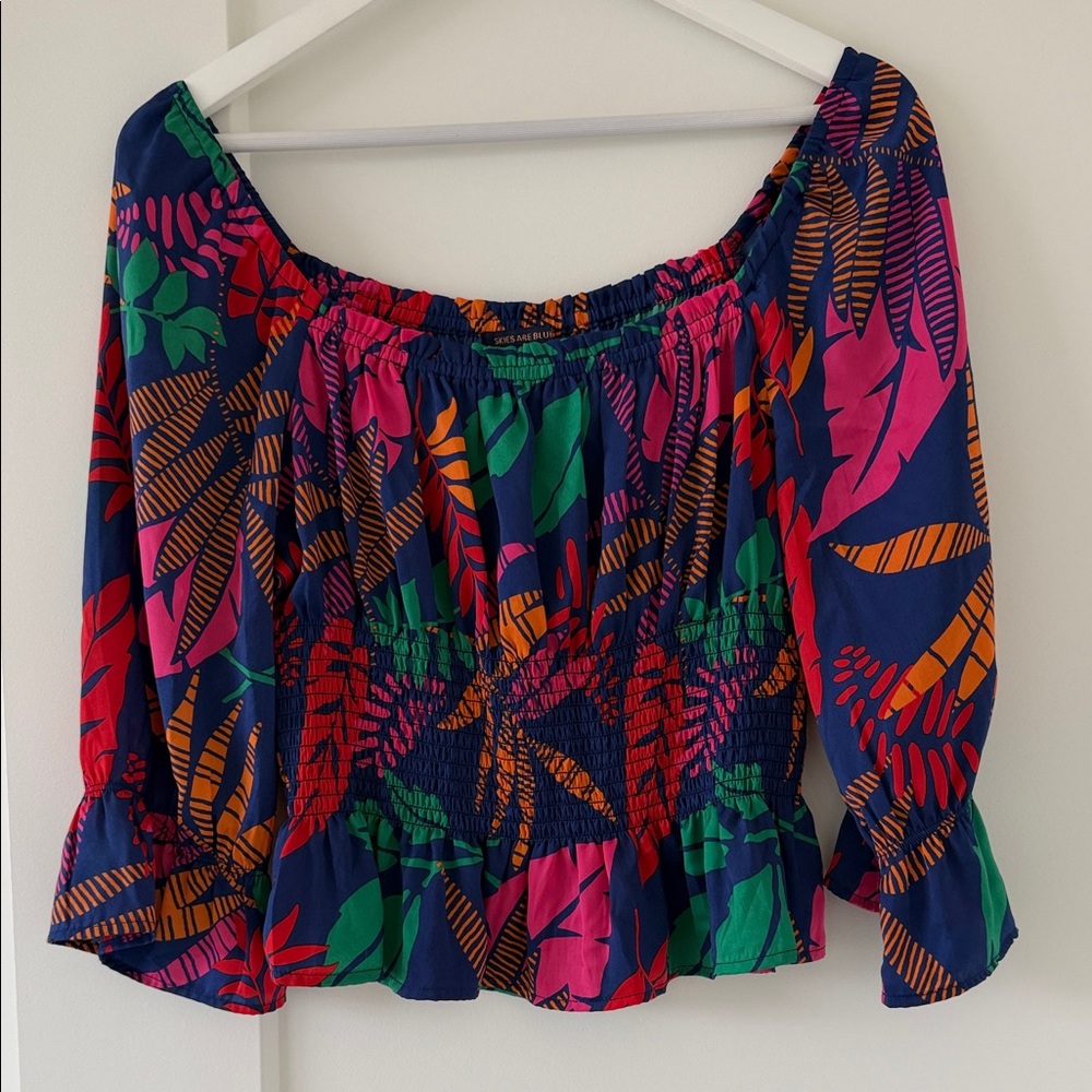 Skies Are Blue Vibrant Leaf Print Blouse